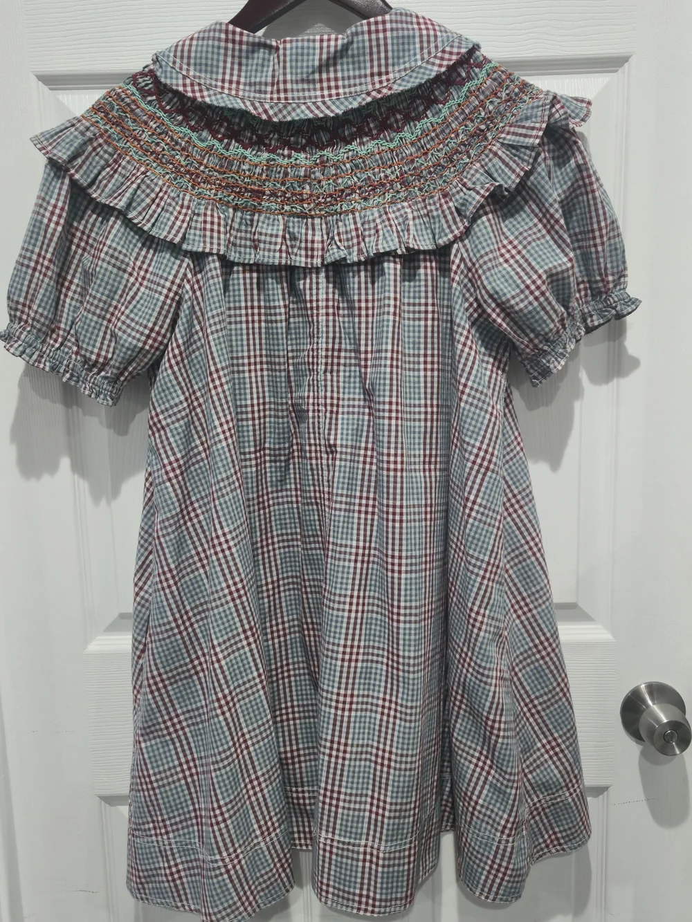 Pilcro Anthropologie Smocked Plaid Babydoll Mini Dress Ruffle Collar Puff Sleeve
